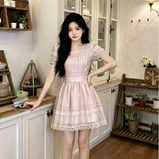批发大码女装桃粉色洋气<b class='q'>蕾丝</b>拼接短袖蓬蓬连衣裙子