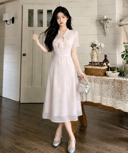 빅 사이즈 여성 의류 부드러운 바람 나비 매듭 허리 수축 드레스 슬림해 보이는 품격 다용도 짧은 치마