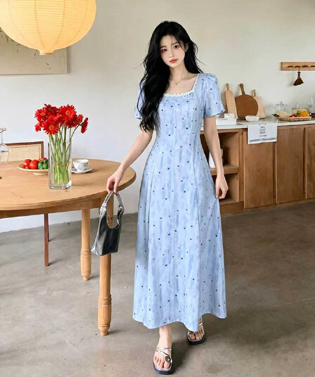 빅 사이즈 여성 의류 프랑스식 파란색 꽃무늬 드레스 여름 예술 건강 밝은 착용 가져 가라. 롱 스커트