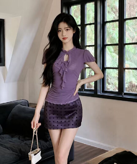 빅 사이즈 여성 의류 순수한 욕망 핫걸 바람 셔츠 보라색 몸매 가꾸기 섹시함 바람 맨위 미니 스커트
