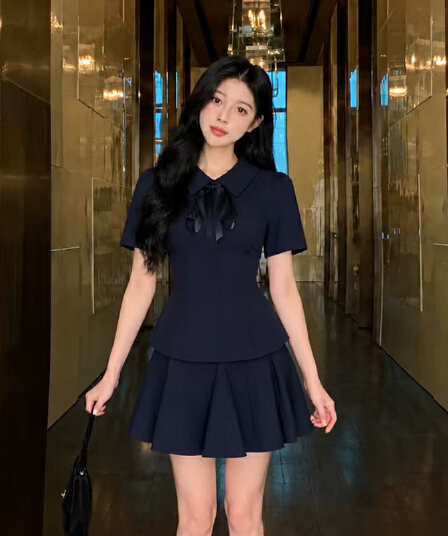 빅 사이즈 여성 의류 여름 학원 스타일 나비 매듭 슬림해 보이는 맨위 반신 치마 세트