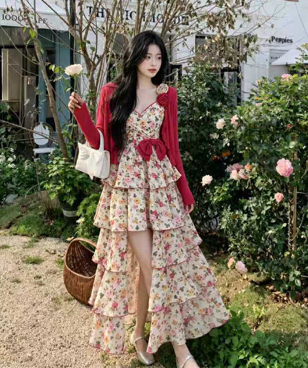 빅 사이즈 여성 의류 작은 대중 품격 20 꽃 벽 꽃잎 치마 층 스택 롱 스커트 오픈 가디건