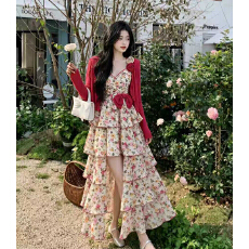 批发大码女装小众气质粉黛花墙花瓣裙摆层层叠叠长裙开衫