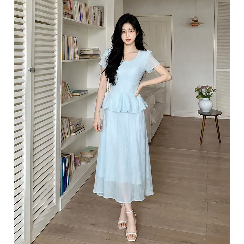 大码女装假两件短袖连衣裙夏季气...