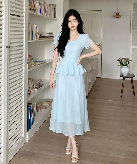 빅 사이즈 여성 의류 페이크 레이어드 반팔 드레스 여름 품격 슬림해 보이는 고급 센스 롱 스커트