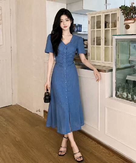 빅 사이즈 여성 의류 여름 프랑스식 낭만주의 바람 V넥 허리 수축 슬림해 보이는 품격 프릴 드레스