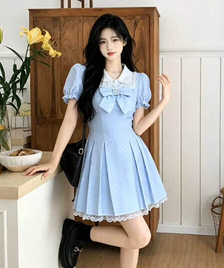 빅 사이즈 여성 의류 귀여운 건조한 금빛 바람 패치워크 페이크 레이어드 드레스 여름 나비 매듭 치마