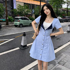 批发高个子大码女装韩系纯欲收腰短袖连衣裙子