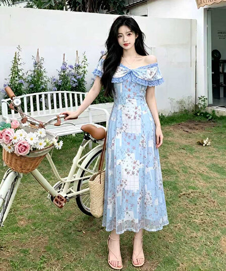빅 사이즈 여성 의류 여름 프랑스식 낭만주의 보트넥 오프숄더 꽃무늬 품격 드레스