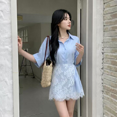 批发大码女装纯欲风夏季衬衫蕾丝短裙氛围感套装