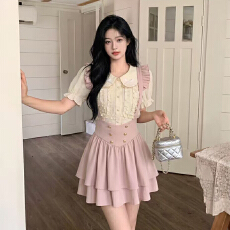 批发大码女装<b class='q'>甜美</b>减龄娃娃领衬衫飞袖背带裙少女感套装