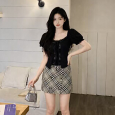 批发大码女装夏季韩系对襟抽褶绑带上衣复古格纹短裙