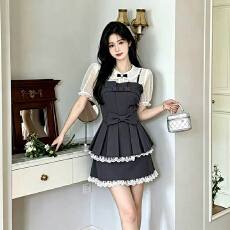 批发大码女装夏季纯欲风镂空蕾丝假两件上衣半裙千金套装