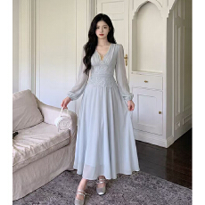批发大码女装<b class='q'>夏</b>季轻奢V领蕾丝拼接收腰显瘦气质连衣裙