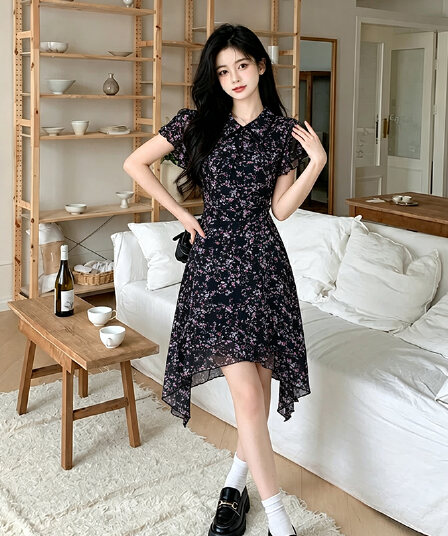 빅 사이즈 여성 의류 여름 꽃무늬 레이스 허리 수축 슬림해 보이는 품격 레트로 점프 슈트 치마