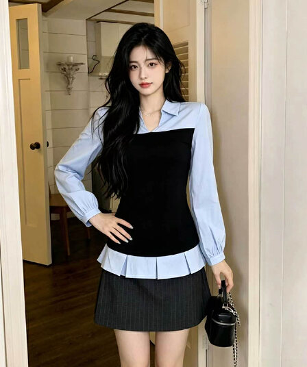 빅 사이즈 여성 의류 배색 페이크 레이어드 허리 수축 셔츠 패션 다용도 작은 대중 슬림해 보이는 맨위