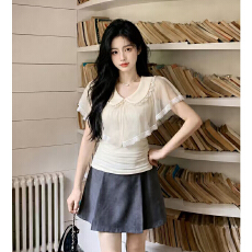 批发大码女装温柔奶白蕾丝花边双层翻领飘带收腰显瘦衬衫