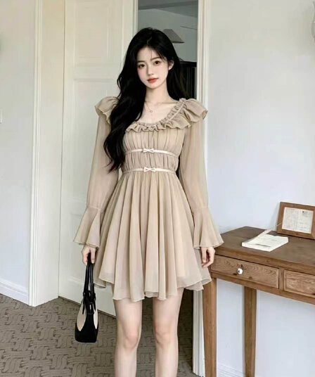 빅 사이즈 여성 의류 프랑스식 부드러운 바람 허리 수축 슬림해 보이는 품격 V넥 점프 슈트 치마