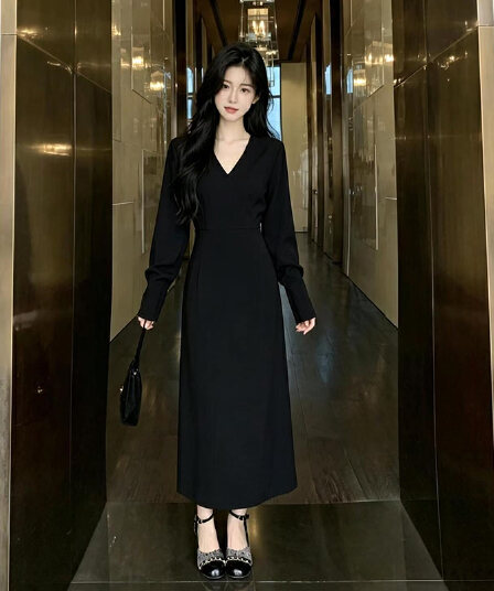 빅 사이즈 여성 의류 가을 빛 럭셔리 V넥 허리 수축 슬림해 보이는 품격 드레스