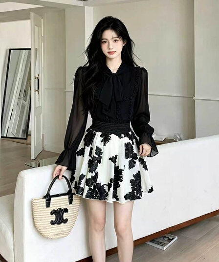 빅 사이즈 여성 의류 순수한 욕망 바람 섹시함 핫걸 홀로우 아웃 맨위 이른 가을 품격 망사 미니 스커트