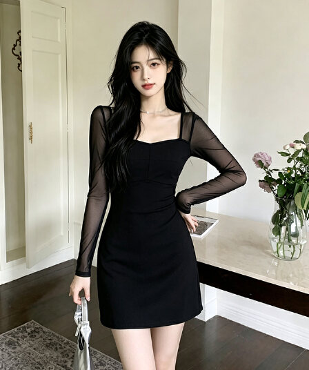 빅 사이즈 여성 의류 가을 고급 센스 허리 수축 슬림해 보이는 품격 작은 검은 드레스 드레스