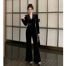 批发大码女装轻奢气质修身显瘦丝绒V领连体<b class='q'>裤</b>