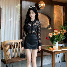 批发大码女装轻熟黑色蕾丝V领性感显瘦长袖上衣短裙套装