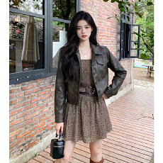 批发<b class='q'>大码</b>女装纯欲辣妹收腰显瘦豹纹连衣裙皮衣外套