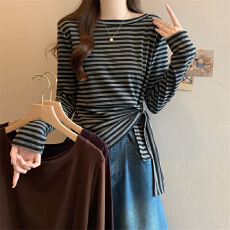 批发实拍 2026年<b class='q'>秋</b>新款大码女装长袖圆领套头T恤不规则开叉上衣打底衫