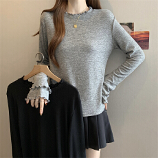 批发<b class='q'>实拍</b> 设计款秋冬温柔显瘦气质甜美双木耳边长袖立领T恤纯色打底衫