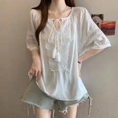 批发重工刺绣民族风胖MM大码夏季新款宽松百搭系带遮肚显瘦<b class='q'>牛仔</b><b class='q'>衬衫女</b>