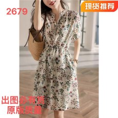 批发桑蚕丝<b class='q'>连衣裙</b><b class='q'>女</b>2026夏季新款高端印花抽绳收腰显瘦短袖<b class='q'>真丝</b>裙V领