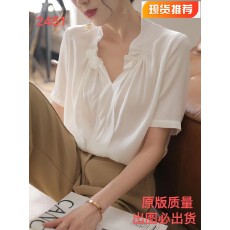 批发荷叶边上衣女设计感小众夏季短袖白色法式高端气质桑蚕丝衬衫