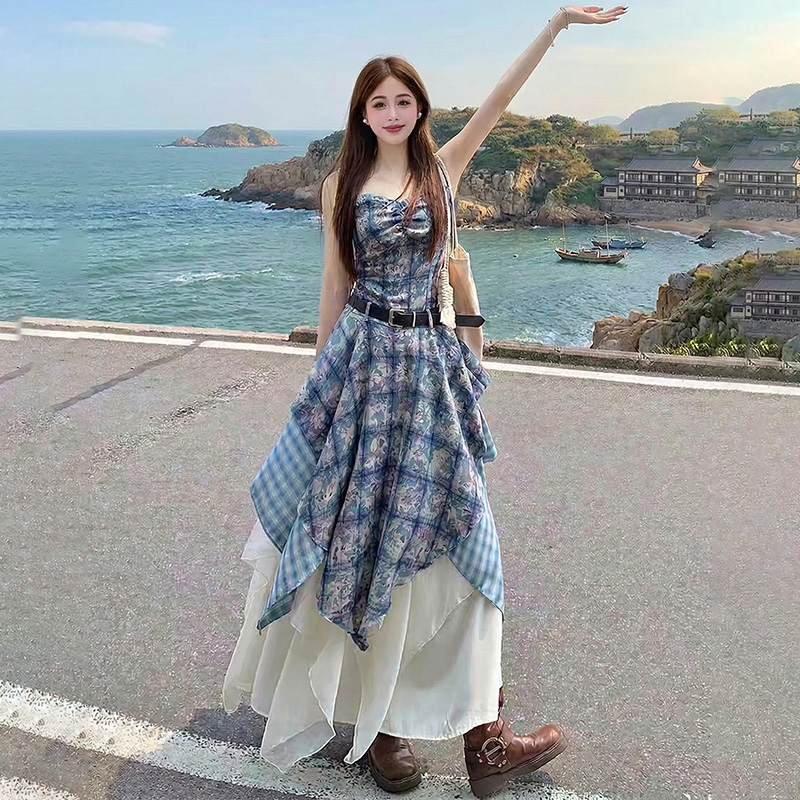 휴가 바람 운남 삼아 프린트 체크무늬 스택 착용 불규칙 프릴 슬립 드레스 치마