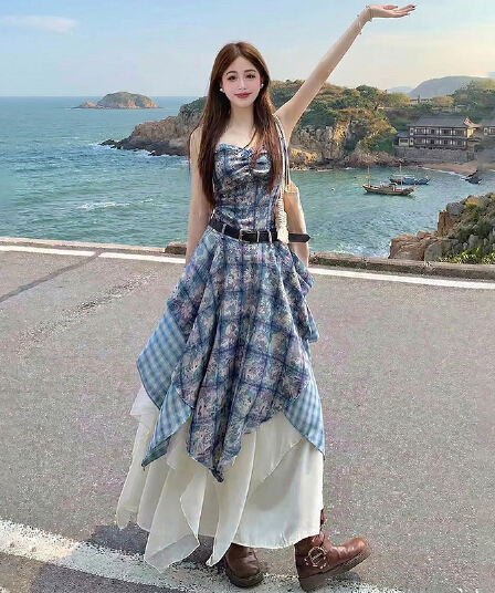 휴가 바람 운남 삼아 프린트 체크무늬 스택 착용 불규칙 프릴 슬립 드레스 치마