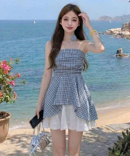프랑스식 달콤한 매운맛 바람 오프숄더 튜브탑 여성 셔츠 여름 고급 센스 프릴 파란색 체크무늬 민소매 맨위