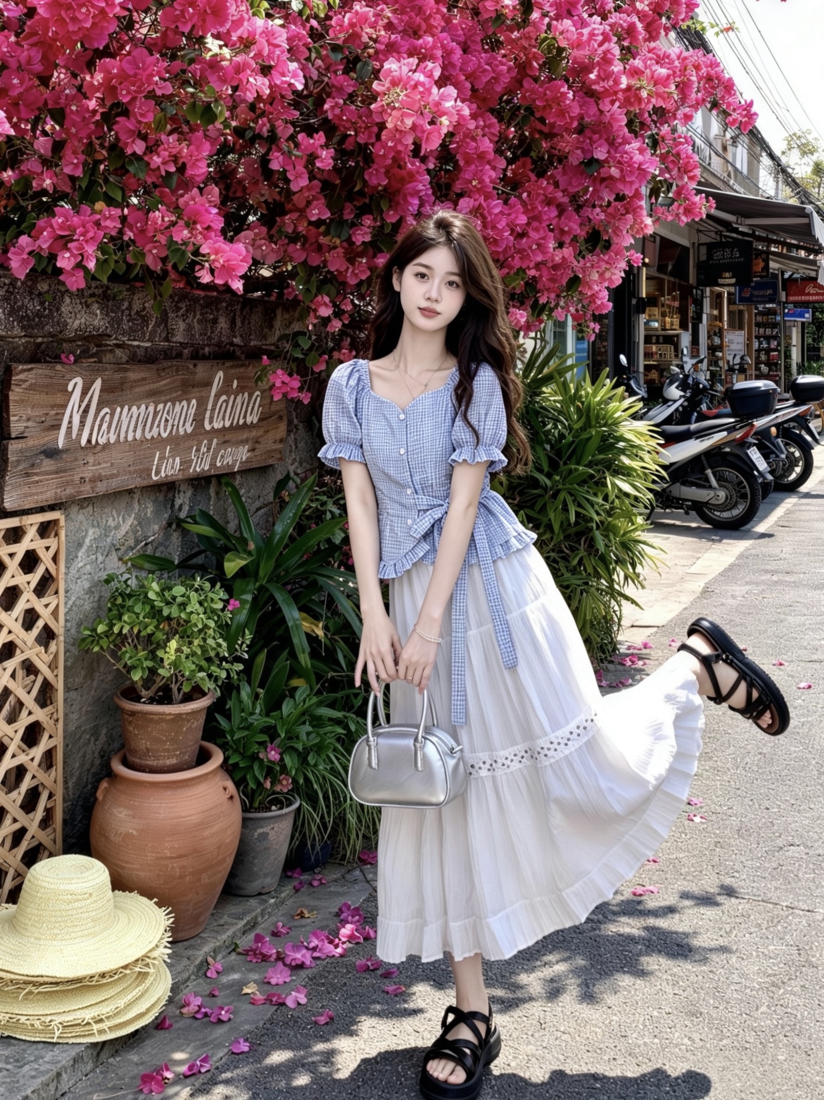 프랑스식 광장 칼라 체크무늬 불규칙 허리 수축 스트랩 거품 소매 반팔 셔츠 여름 세트 여성 반신 치마