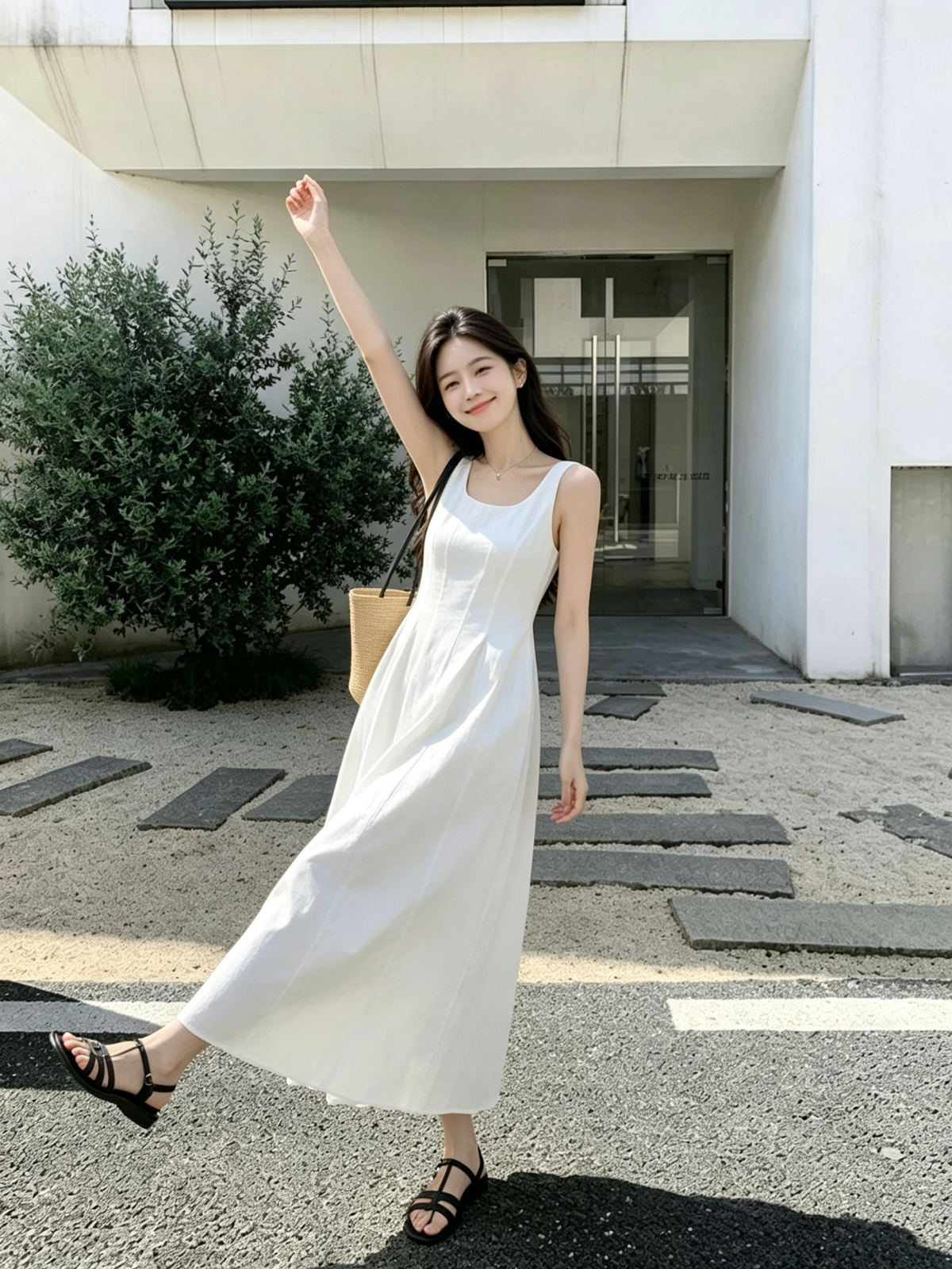 2026 여름 패션 u 칼라 여행 휴가 민소매 허리 수축 한 마디 빅 플레어 스커트 조끼 여성 드레스
