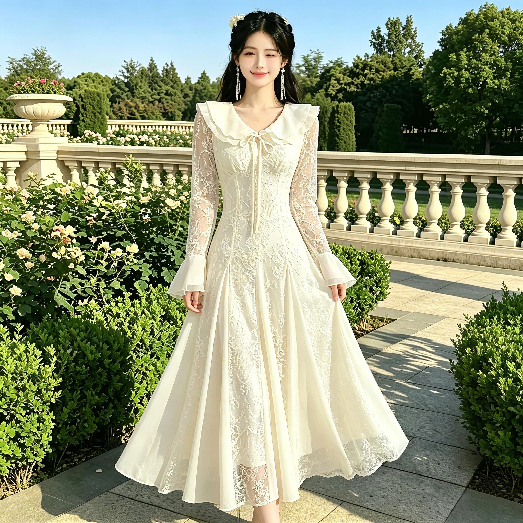 法式秋冬气质温柔风小个子绝美蕾丝长袖连衣裙 服裝批發女裝批發服飾貨源
