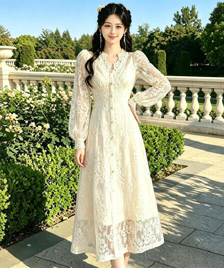 2026 프랑스식 가을 겨울 품격 부드러운 바람 작은 키 달콤함 레이스 긴팔 드레스