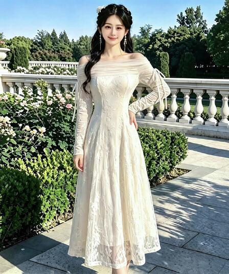 2026# 가을 겨울철 프랑스식 여신 팬 보트넥 오프숄더 망사 긴팔 요정 드레스