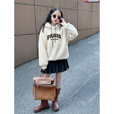 批发羊羔绒复合银狐绒女童连帽羊羔绒卫衣秋冬新款刺绣毛毛衣