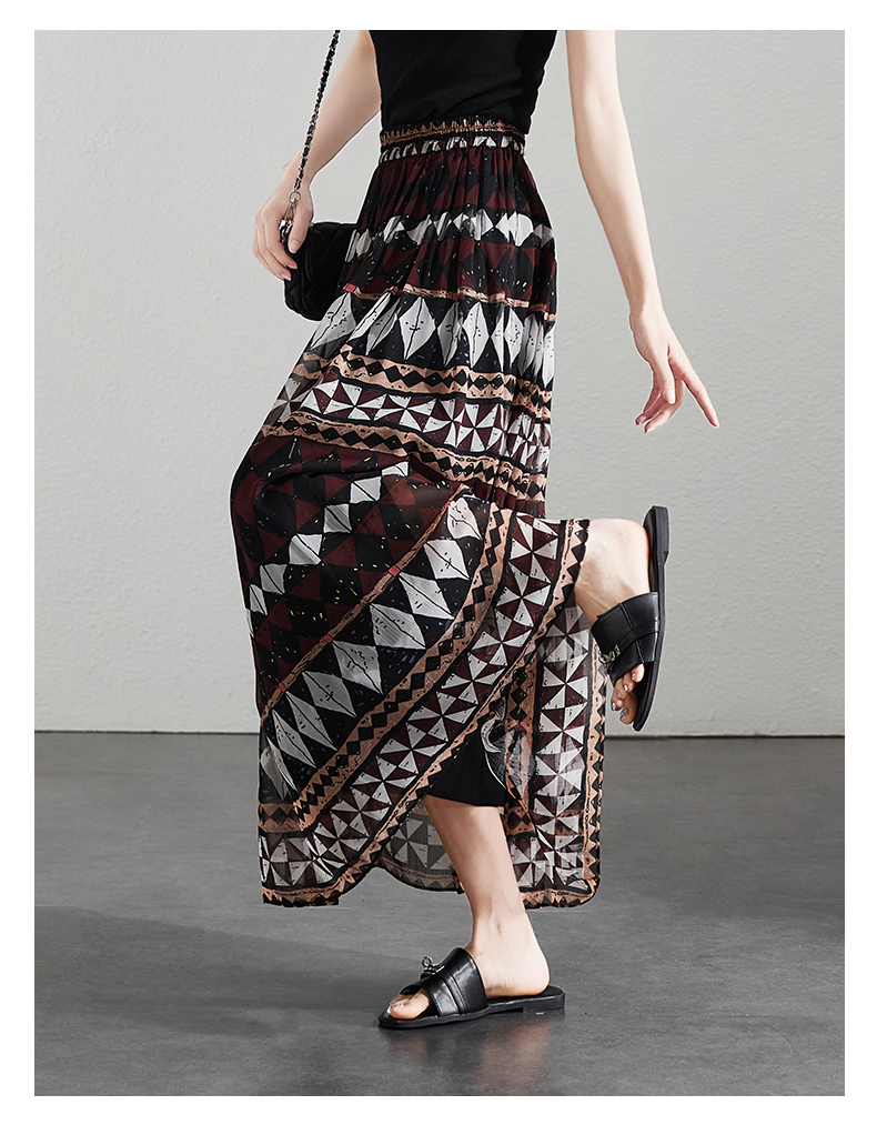 카운터 품질 2025 여름 새로운 보헤미안 바람 프린트 반신 스커트 패션 슬림해 보이는 중간 길이 한 마디 우산 치마
