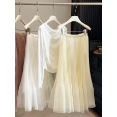 批发春夏季杏色网纱鱼尾裙女松紧高腰垂感显瘦A字蓬蓬飘逸百褶半身裙