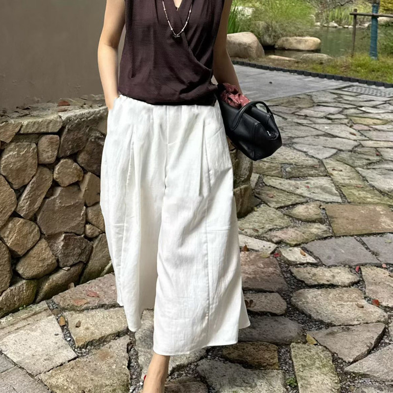 느슨함 센스 주간 실크 아마 여름 얇은 스타일 와이드 레깅스 바지 하이웨이스트 작은 키 9부 바지 화이트 캐주얼 바지 치마바지