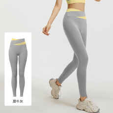 批发拼色高腰瑜伽裤女提臀收腹弹力交叉腰健身长裤跑步运动紧身裤