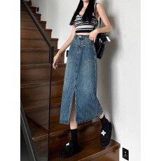 批发复古高腰a字牛仔开叉半身裙女微胖妹妹大码<b class='q'>春</b>秋季中长款显瘦裙子