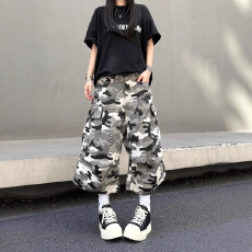 批发牛仔美式复古多口袋褶皱迷彩<b class='q'>七分裤</b><b class='q'>男</b>女夏季阔腿宽松休闲<b class='q'>短裤</b>潮