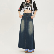 批发复古蓝牛仔半身裙女<b class='q'>秋</b>季高腰大码显瘦胖mm遮肚子遮胯长款a字裙