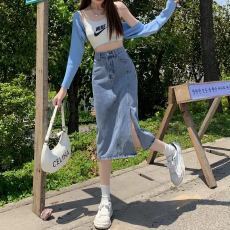 批发侧开叉半身裙女<b class='q'>春</b>夏新款小个子高腰显瘦a字中长款牛仔裙梨形身材